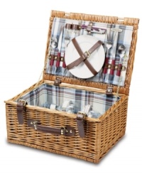 With a classic willow design and plaid lining, the Bristol picnic basket has all the makings of a delightful summer afternoon. Service for two – including plates, flatware and more – is secured inside the lid, leaving plenty of room for food. With a classic willow design and plaid lining, the Bristol picnic basket has all the makings of a delightful summer afternoon. Service for two – including plates, flatware and more – is secured inside the lid, leaving plenty of room for food.
