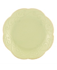 With fanciful beading and a feminine edge, the Lenox French Perle dessert plates have an irresistibly old-fashioned sensibility. Hardwearing stoneware is dishwasher safe and, in a soft pistachio hue with antiqued trim, a graceful addition to any meal. With fanciful beading and a feminine edge, the Lenox French Perle dessert plates have an irresistibly old-fashioned sensibility. Hardwearing stoneware is dishwasher safe and, in a soft pistachio hue with antiqued trim, a graceful addition to any meal.