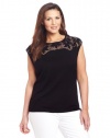 DKNYC Women's Plus-Size Cap Sleeve Pullover With Eyelette Blend