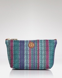 Sunny stripes enliven this lined Tory Burch cosmetics case, which works a laid-back style in printed coated canvas.