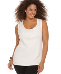 Crafted applique lends a chic finish to Style&co.'s plus size tank top-- wear it alone or as a layer. Crafted applique lends a chic finish to Style&co.'s plus size tank top-- wear it alone or as a layer.