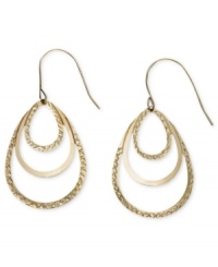 Make a golden statement with these three-tier loop earrings. Crafted in 14k gold, earrings feature three open-cut teardrops, one in smooth gold, and two with texture. Approximate drop: 1/2 inch. Make a golden statement with these three-tier loop earrings. Crafted in 14k gold, earrings feature three open-cut teardrops, one in smooth gold, and two with texture. Approximate drop: 1/2 inch.