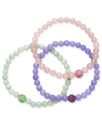 Solo standouts, but lovely layered too. This trio of stretch bracelets adds a playful touch to any look. Each bracelet is composed of jade rose quartz and crystal beads (6 mm) in mint green, lavender and light pink hues. Approximate length: 7 inches. Solo standouts, but lovely layered too. This trio of stretch bracelets adds a playful touch to any look. Each bracelet is composed of jade rose quartz and crystal beads (6 mm) in mint green, lavender and light pink hues. Approximate length: 7 inches.