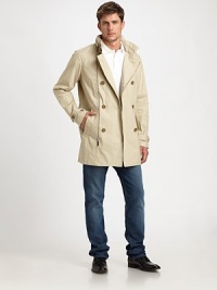 Traditional outerwear staple with modern details, takes this classic trench to the next level of style with zipper accents that are both versatile and functional.Zip frontSide slash pocketsRear ventPartial liningAbout 36 from shoulder to hemCottonDry cleanImported Traditional outerwear staple with modern details, takes this classic trench to the next level of style with zipper accents that are both versatile and functional.Zip frontSide slash pocketsRear ventPartial liningAbout 36 from shoulder to hemCottonDry cleanImported
