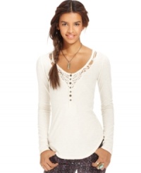 Crochet lace adds a feminine appeal to this otherwise basic Free People top -- a stylish spin on a wardrobe basic! Crochet lace adds a feminine appeal to this otherwise basic Free People top -- a stylish spin on a wardrobe basic!