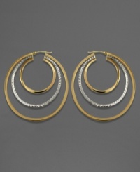 Add sparkling dimension to your ears with these chic triple-hoop earrings. In 14k gold and sterling silver; measures approximately 2 inches in diameter.