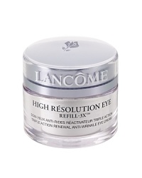 Triple Action Renewal Anti-Wrinkle Eye CreamSkin truth: Dermatologists use injections of collagen and hyaluronic acid to fight wrinkles, yet are unable to replace elastin.Lancôme innovation: For the first time from Lancôme, an exclusive Refill-3X complex helps boost the synthesis of the three natural skin fillers - collagen, hyaluronic acid and elastin - in the eye contour. Powerful anti-wrinkle results:- Immediately, the eye contour appears smoother and more luminous. - In 4 weeks, wrinkles appear significantly reduced, with a visible improvement in the appearance of dark circles and puffiness. Ophthalmologist-tested. Dermatologist-tested for safety. Not equivalent to medical procedures. In-vitro testing on Di-Peptide and Alfalfa Extract shows a boost in the synthesis of collagen, hyaluronic acid and elastin. Triple Action Renewal Anti-Wrinkle Eye CreamSkin truth: Dermatologists use injections of collagen and hyaluronic acid to fight wrinkles, yet are unable to replace elastin.Lancôme innovation: For the first time from Lancôme, an exclusive Refill-3X complex helps boost the synthesis of the three natural skin fillers - collagen, hyaluronic acid and elastin - in the eye contour. Powerful anti-wrinkle results:- Immediately, the eye contour appears smoother and more luminous. - In 4 weeks, wrinkles appear significantly reduced, with a visible improvement in the appearance of dark circles and puffiness. Ophthalmologist-tested. Dermatologist-tested for safety. Not equivalent to medical procedures. In-vitro testing on Di-Peptide and Alfalfa Extract shows a boost in the synthesis of collagen, hyaluronic acid and elastin.