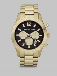Contrast black dial is handsome complement to this shiny gold, stainless steel chronograph design, highlighted with gold accents for a sharp, sophisticated finish.Chronograph movementRound bezelWater resistant to 10ATMDate display at 5 o'clock Second handStainless steel case: 45mm(1.77)Stainless steel braceletImported Contrast black dial is handsome complement to this shiny gold, stainless steel chronograph design, highlighted with gold accents for a sharp, sophisticated finish.Chronograph movementRound bezelWater resistant to 10ATMDate display at 5 o'clock Second handStainless steel case: 45mm(1.77)Stainless steel braceletImported
