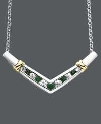 Shapely design with a bold touch of color. This v-shaped necklace features alternating, round-cut emeralds (3/4 ct. t.w.) and white sapphires (3/8 ct. t.w.) in a polished sterling silver and 14k gold setting. Approximate length: 18 inches. Approximate drop width: 1-1/2 inches.