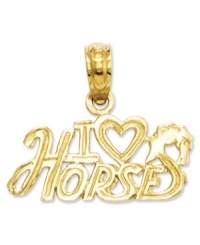 The perfect gift for the horse fanatic, this polished 14k gold charm features the words: I Heart Horses. Chain not included. Approximate width: 1/2 inch. Approximate length: 3/5 inch. The perfect gift for the horse fanatic, this polished 14k gold charm features the words: I Heart Horses. Chain not included. Approximate width: 1/2 inch. Approximate length: 3/5 inch.