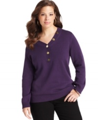 Get ready for falling temps with Karen Scott's long sleeve plus size sweater, finished by a henley neckline-- partner it with your favorite casual bottoms. Get ready for falling temps with Karen Scott's long sleeve plus size sweater, finished by a henley neckline-- partner it with your favorite casual bottoms.