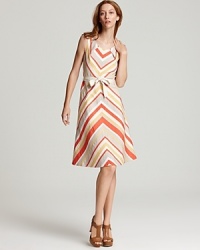 A '70s inspired chevron print covers this sunshiny A-line dress from Lafayette 148 New York. A fashion-forward pleated neckline and tie-waist belt modernize the look. A '70s inspired chevron print covers this sunshiny A-line dress from Lafayette 148 New York. A fashion-forward pleated neckline and tie-waist belt modernize the look.