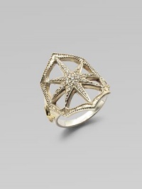 A lovely open star design, shimmering with diamonds, sits within a bead-edged scalloped border of sterling silver atop a smooth band with 14k gold accents.Diamonds, .13 tcwSterling silver and 14k yellow goldDiameter, about ¾Made in USA
