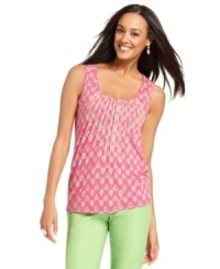 Perk up your summer wardrobe with this pretty printed Charter Club top. Embroidery at the neckline adds a sparkly touch, too! Perk up your summer wardrobe with this pretty printed Charter Club top. Embroidery at the neckline adds a sparkly touch, too!