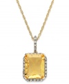 Captivating cool. This 10k gold necklace features an emerald-cut citrine (2-1/2 ct. t.w.) pendant surrounded by diamonds (1/8 ct. t.w.) for an appealing aesthetic. Approximate length: 18 inches. Approximate drop: 3/4 inch.