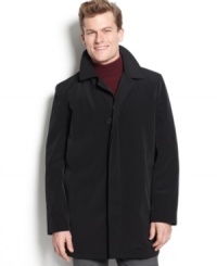 Stay dry with a sleek silhouette in this raincoat from Kenneth Cole. Stay dry with a sleek silhouette in this raincoat from Kenneth Cole.