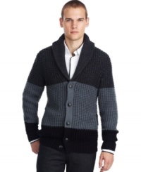 Snuggle up in style, this Kenneth Cole Reaction cardigan is handsome and warm. Snuggle up in style, this Kenneth Cole Reaction cardigan is handsome and warm.