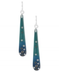 Deep blue sea hues from Kenneth Cole New York. These linear earrings feature blue green resin drops accented with pave crystals. Approximate drop: 2-1/4 inches. Deep blue sea hues from Kenneth Cole New York. These linear earrings feature blue green resin drops accented with pave crystals. Approximate drop: 2-1/4 inches.
