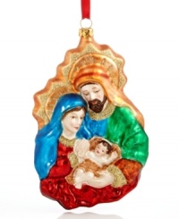 Bring the Holy Family to the forefront of your holiday tradition with this timeless ornament, featuring brilliant color and glitter in pure glass. Bring the Holy Family to the forefront of your holiday tradition with this timeless ornament, featuring brilliant color and glitter in pure glass.