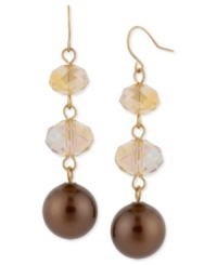 Good things come in threes. Kenneth Cole New York's triple drop earrings are crafted from gold-tone mixed metal with brown glass pearls and cherry beads coming together for a stylish statement. Item comes packaged in a signature Kenneth Cole New York Gift Box. Approximate drop: 2-1/4 inches.