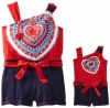 Dollie & Me Girls 2-6X One Sholder Heart Romper, Red Denim, 2T