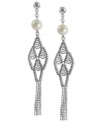A brush with greatness. The tassels on these drop earrings lend a stylish touch, as do the cultured freshwater pearls (8-8-1/2 mm). Crafted from sterling silver with a rhodium finish.     Approximate drop length: 3-1/5 inches. Approximate drop width: 5/8 inch.