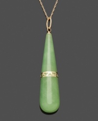 Add polish in this fresh drop of color. A teardrop-shaped, solid jade pendant (9 mm x 36 mm) in subtle, green hues adds special character to your look with a unique Greek key-patterned accent. Crafted in 14k gold. Approximate length: 18 inches. Approximate drop: 1-1/2 inches. Add polish in this fresh drop of color. A teardrop-shaped, solid jade pendant (9 mm x 36 mm) in subtle, green hues adds special character to your look with a unique Greek key-patterned accent. Crafted in 14k gold. Approximate length: 18 inches. Approximate drop: 1-1/2 inches.