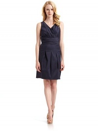 THE LOOKDouble V-necklineRuched waistbandFront pleatingBack zip with hook-and-eye closureTHE FITAbout 35 from shoulder to hemTHE MATERIAL72% cotton/24% nylon/4% spandexFully linedCARE & ORIGINDry cleanImportedModel shown is 5'10 (177cm) wearing US size 4. THE LOOKDouble V-necklineRuched waistbandFront pleatingBack zip with hook-and-eye closureTHE FITAbout 35 from shoulder to hemTHE MATERIAL72% cotton/24% nylon/4% spandexFully linedCARE & ORIGINDry cleanImportedModel shown is 5'10 (177cm) wearing US size 4.
