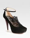 A trend-forward ankle strap tops this distinct suede pump, with romantic floral lace and a luminous patent heel. Patent leather-covered heel, 4¾ (120mm)Hidden platform, 1 (25mm)Compares to a 3¾ heel (95mm)Suede and stretch lace upperAdjustable ankle strapLeather lining and solePadded insoleMade in Italy