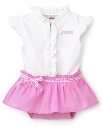 Ruffles adorn the collar and attached skirt of this one-piece dress and bodysuit. With snap closures tucked under the skirt for easy diaper changing, it's practical and pretty - an adorable look for a summer picnic. Ruffles adorn the collar and attached skirt of this one-piece dress and bodysuit. With snap closures tucked under the skirt for easy diaper changing, it's practical and pretty - an adorable look for a summer picnic.