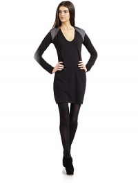 THE LOOKFitted knit sheathGathered, contrast shoulder overlayDeep V necklineLong sleevesPullover stylingTHE FITAbout 25 from shoulder to hemTHE MATERIAL95% cotton/5% spandexCARE & ORIGINHand washImportedModel shown is 5'10 (177cm) wearing US size Small. THE LOOKFitted knit sheathGathered, contrast shoulder overlayDeep V necklineLong sleevesPullover stylingTHE FITAbout 25 from shoulder to hemTHE MATERIAL95% cotton/5% spandexCARE & ORIGINHand washImportedModel shown is 5'10 (177cm) wearing US size Small.