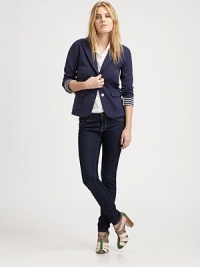 Soft jersey in a two-button blazer finished with chic striped turnback cuffs.Notch collarChest pocketBodice dartsFlap hip pocketsAbout 22 from shoulder to hem58% cotton/38% viscose/4% spandexDry cleanImportedModel shown is 5'11 (180cm) wearing US size Small. Soft jersey in a two-button blazer finished with chic striped turnback cuffs.Notch collarChest pocketBodice dartsFlap hip pocketsAbout 22 from shoulder to hem58% cotton/38% viscose/4% spandexDry cleanImportedModel shown is 5'11 (180cm) wearing US size Small.