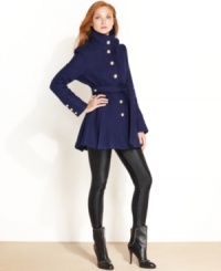 A little bit military-inspired, a lot chic: Bebe's flared wool-blend coat makes a striking impression all winter long! A little bit military-inspired, a lot chic: Bebe's flared wool-blend coat makes a striking impression all winter long!