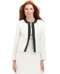 Metallic-flecked tweed offsets topstitched black trim on Kasper's petite jacket. Wear it with the coordinating sheath dress or try it with trousers for another tailored look. Metallic-flecked tweed offsets topstitched black trim on Kasper's petite jacket. Wear it with the coordinating sheath dress or try it with trousers for another tailored look.