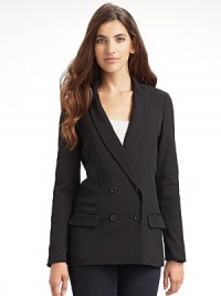 THE LOOKTuxedo lapel Double breasted button front Long sleeves Welt and flap pockets at hipsTHE FITAbout 28 from shoulder to hemTHE MATERIAL95% wool/5% Lycra spandex Fully linedCARE & ORIGINDry clean Imported THE LOOKTuxedo lapel Double breasted button front Long sleeves Welt and flap pockets at hipsTHE FITAbout 28 from shoulder to hemTHE MATERIAL95% wool/5% Lycra spandex Fully linedCARE & ORIGINDry clean Imported
