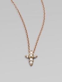 A petite cross that sparkles with diamonds in 18k rose gold on a chain link necklace. Diamonds, .11 tcw18k goldLength, about 16 to 18 adjustablePendant size, about ¼ Lobster clasp closureMade in Italy A petite cross that sparkles with diamonds in 18k rose gold on a chain link necklace. Diamonds, .11 tcw18k goldLength, about 16 to 18 adjustablePendant size, about ¼ Lobster clasp closureMade in Italy