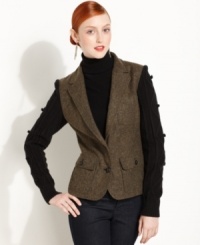 With contrast cable-knit sleeves, this wool-blend Kensie tweed blazer makes a fall statement! With contrast cable-knit sleeves, this wool-blend Kensie tweed blazer makes a fall statement!