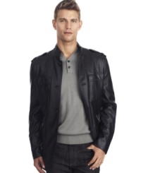 Join the army of style with this sleek faux leather military blazer by Kenneth Cole Reaction. Join the army of style with this sleek faux leather military blazer by Kenneth Cole Reaction.