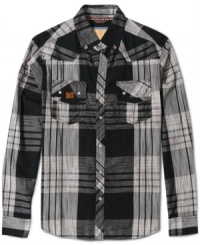 How to make an old standby like the plaid shirt look stylish this season: Keep the plaid, lose the color, and pump up the volume. Long-sleeved sport shirt by Triple Fat Goose. How to make an old standby like the plaid shirt look stylish this season: Keep the plaid, lose the color, and pump up the volume. Long-sleeved sport shirt by Triple Fat Goose.