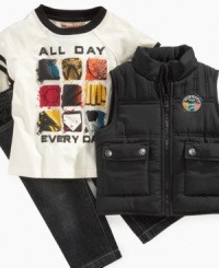 He'll be looking stylish all day everyday in this graphic print tee, vest and jeans set by Kids Headquarters. He'll be looking stylish all day everyday in this graphic print tee, vest and jeans set by Kids Headquarters.