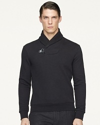 Expertly constructed from elegant Pima cotton, a casual essential receives a polished update, thanks to a sleek fit, leather-piped shawl collar and metal clasp Expertly constructed from elegant Pima cotton, a casual essential receives a polished update, thanks to a sleek fit, leather-piped shawl collar and metal clasp