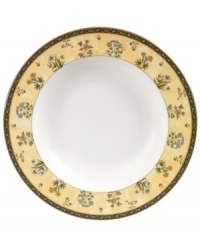 The exotic India dinnerware pattern presents a pattern of exquisitely detailed florals on a yellow and deep blue band against pure white bone china. The exotic India dinnerware pattern presents a pattern of exquisitely detailed florals on a yellow and deep blue band against pure white bone china.