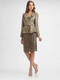 An elegant study in contrasts, with a tailored tweed jacket and glittering sequin skirt. Jacket V-neckRuffle collarTie waist60% cotton/35% polyester/3% polyamide/2% polyacrylic Skirt Concealed back zip closureBack ventAbout 21 from natural waistNylon with sequinsDry cleanMade in Italy of imported fabricModel shown is 5'10 (177cm) wearing US size 4. An elegant study in contrasts, with a tailored tweed jacket and glittering sequin skirt. Jacket V-neckRuffle collarTie waist60% cotton/35% polyester/3% polyamide/2% polyacrylic Skirt Concealed back zip closureBack ventAbout 21 from natural waistNylon with sequinsDry cleanMade in Italy of imported fabricModel shown is 5'10 (177cm) wearing US size 4.