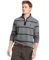 Warm up the fall with this striped and sueded quarter-zip shirt from Izod, an excellent choice for fall barbecues and trips to the shore.