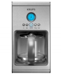 Look what Krups has brewed up! Designed to give your kitchen a contemporary kick, this coffee maker has a sleek stainless steel body with graphite accents and an intuitive, easy-to-use programming feature that lets you schedule your brew for when you need it most. One-year limited warranty. Model KM1000. Look what Krups has brewed up! Designed to give your kitchen a contemporary kick, this coffee maker has a sleek stainless steel body with graphite accents and an intuitive, easy-to-use programming feature that lets you schedule your brew for when you need it most. One-year limited warranty. Model KM1000.