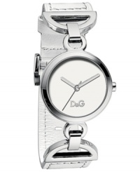 Simply stunning design by D&G. Contemporary watch crafted of white leather strap connects to round stainless steel case with D-shaped links. Silver tone dial features three hands and logo. Quartz movement. Water resistant to 30 meters. Two-year limited warranty.