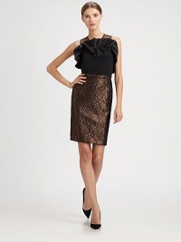 The classic pencil silhouette, rendered in luxurious, metallic floral lace.Self waistbandConcealed back zipFully linedAbout 23 long50% nylon/35% acrylic/15% woolDry cleanMade in USA of Italian fabricModel shown is 5'11 (180cm) wearing US size 4. The classic pencil silhouette, rendered in luxurious, metallic floral lace.Self waistbandConcealed back zipFully linedAbout 23 long50% nylon/35% acrylic/15% woolDry cleanMade in USA of Italian fabricModel shown is 5'11 (180cm) wearing US size 4.