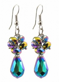 Earrings - E529 - Faceted Fire Polished Glass Teardrop Cluster ~ Vitral Multi (Aqua, Purple, Blue, Gold)