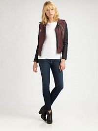 Supple colorblocked leather, tailored in a classic, biker-inspired style finished with zipper details.Point collarSnap epaulettesAsymmetrical zip frontLong sleeves with zipper cuffsFour zip pocketsSide bucklesFully linedAbout 21 from shoulder to hemLeatherDry cleanImportedModel shown is 5'10 (177cm) wearing US size Small. Supple colorblocked leather, tailored in a classic, biker-inspired style finished with zipper details.Point collarSnap epaulettesAsymmetrical zip frontLong sleeves with zipper cuffsFour zip pocketsSide bucklesFully linedAbout 21 from shoulder to hemLeatherDry cleanImportedModel shown is 5'10 (177cm) wearing US size Small.