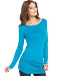 Ruched side seams and off-the-shoulder neckline add a hint of stylish flair to this wear-everyday basic top from RACHEL Rachel Roy. Ruched side seams and off-the-shoulder neckline add a hint of stylish flair to this wear-everyday basic top from RACHEL Rachel Roy.